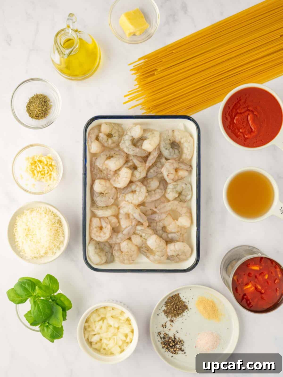 Ingredients needed for shrimp spaghetti.
