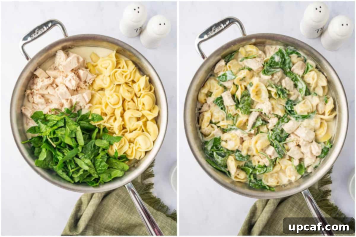 Layering the tortellini ingredients in a skillet.