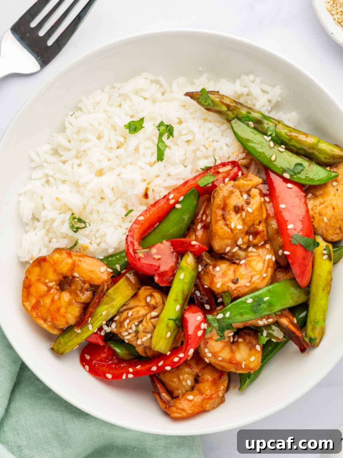 Surf and Turf Stir Fry 11 A beautifully plated dish of chicken and shrimp stir fry served with white rice.