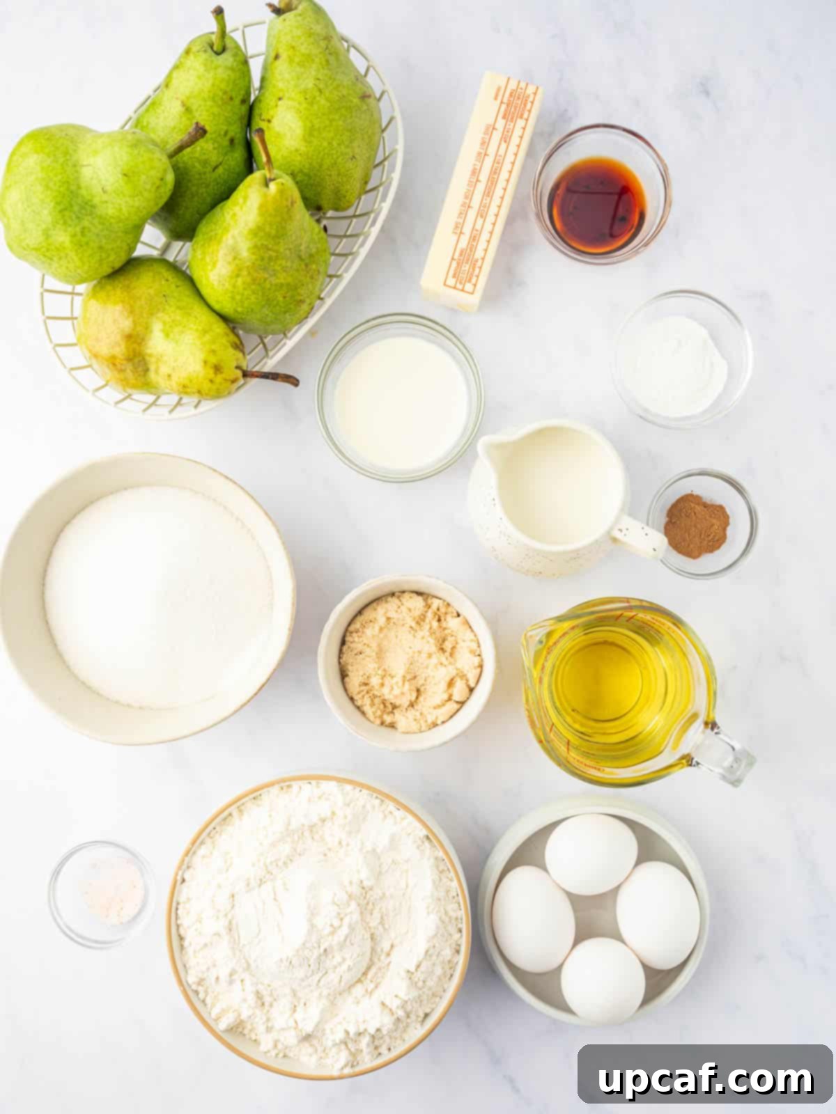 Ingredients needed for pear bundt cake.
