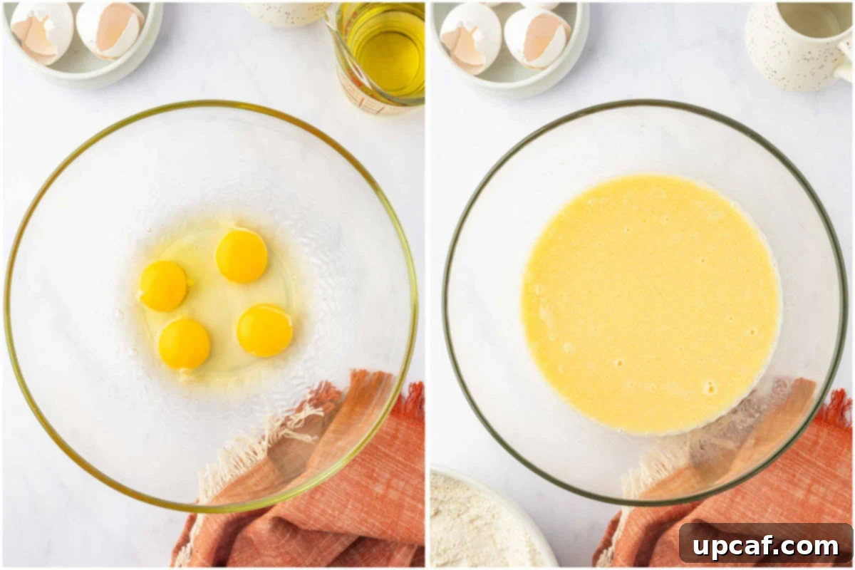 Mixing wet ingredients for pear cake batter.