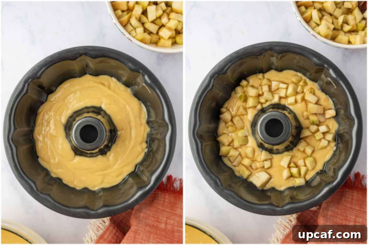 Layering the pear cake in bundt pan.