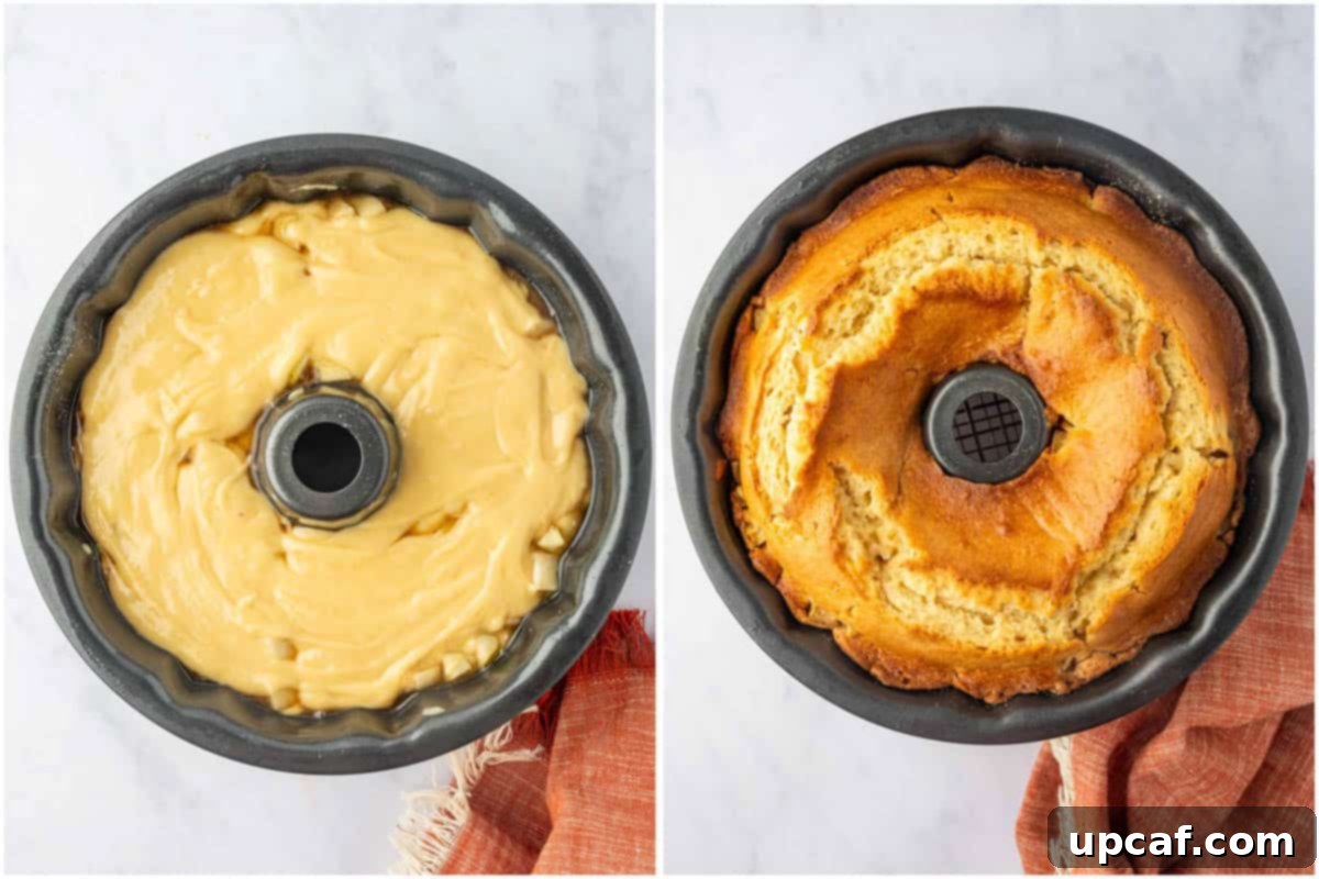 Before and after baking the pear cake.
