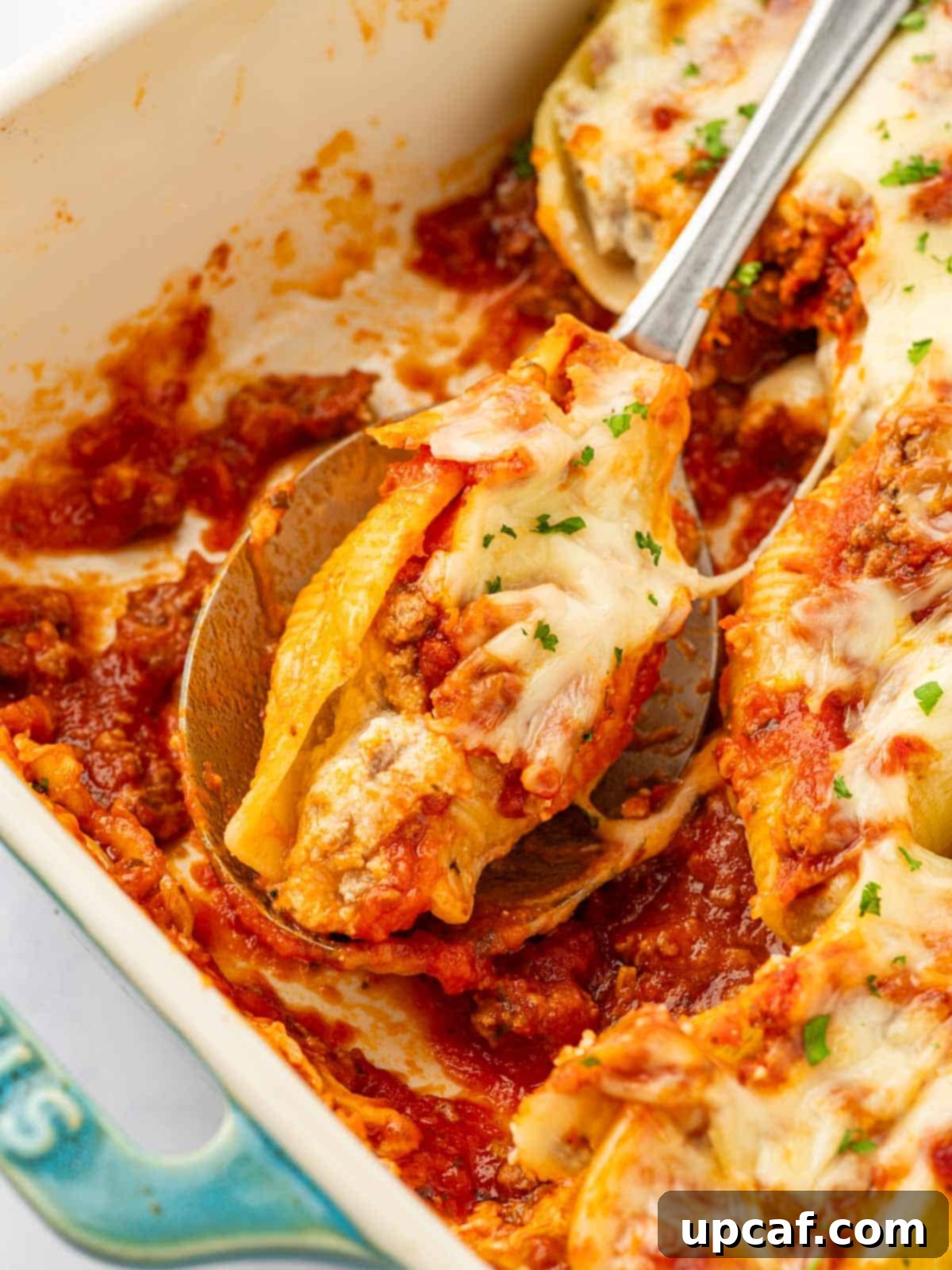 Hearty Beef and Ricotta Stuffed Shells 13 A perfectly portioned serving of beef and cheese stuffed shells on a plate, garnished with fresh herbs, ready to be enjoyed.