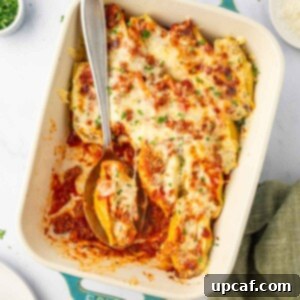 Hearty Beef and Ricotta Stuffed Shells 14 Beef Stuffed Shells in a casserole dish, ready to be served.