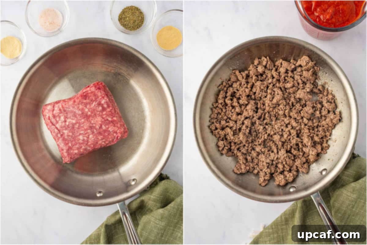 Hearty Beef and Ricotta Stuffed Shells 4 Close-up view of ground beef browning in a large skillet over medium heat, releasing savory aromas.