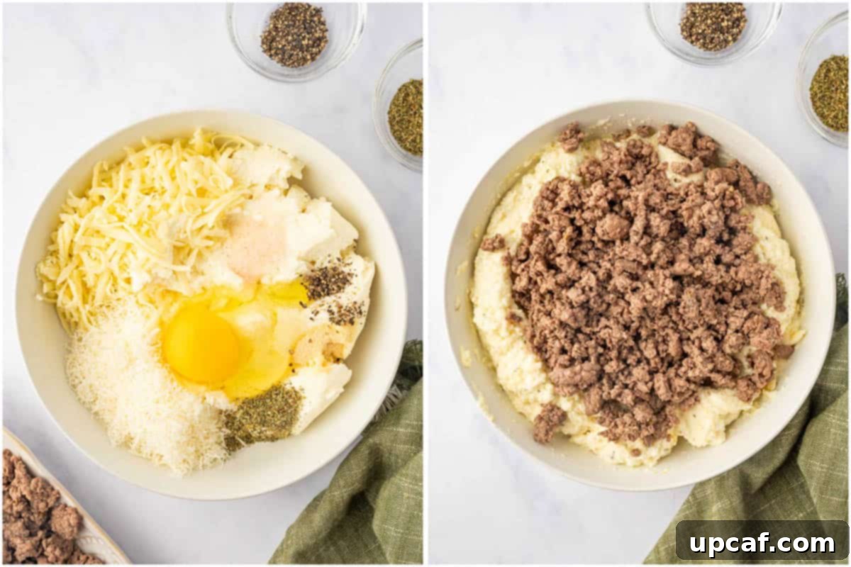 Hearty Beef and Ricotta Stuffed Shells 7 A medium bowl containing ricotta cheese, egg, mozzarella, Parmesan, and seasonings, ready to be mixed for the creamy filling.