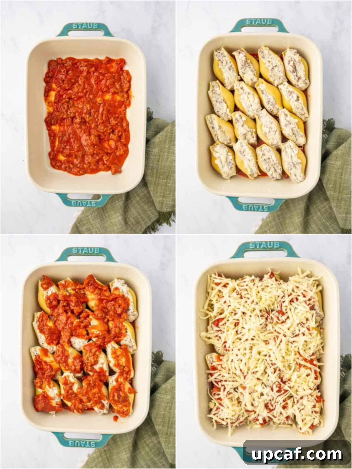 Hearty Beef and Ricotta Stuffed Shells 10 The process of layering the rich meat sauce, arranging stuffed shells, and topping with more sauce and cheese in a baking dish.