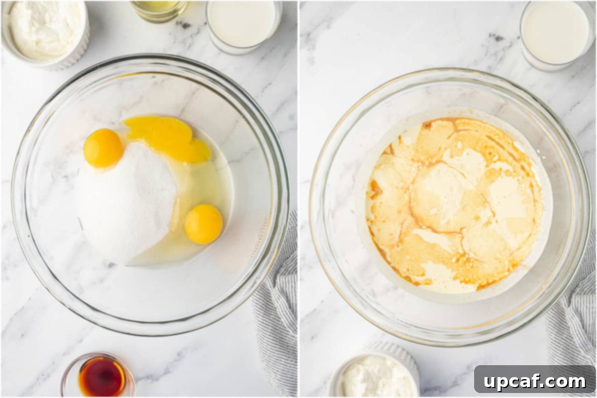 Chocolate Pear Bliss 5 Smooth, light-colored wet batter in a mixing bowl for cake.