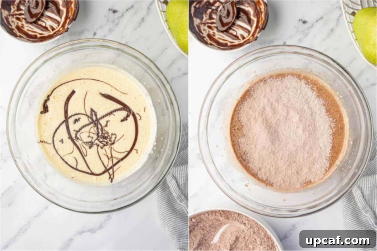 Chocolate Pear Bliss 6 Mixing the chocolate pear cake batter in a bowl.