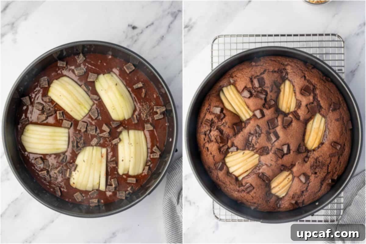 Chocolate Pear Bliss 8 Side-by-side comparison of chocolate pear cake before and after baking.