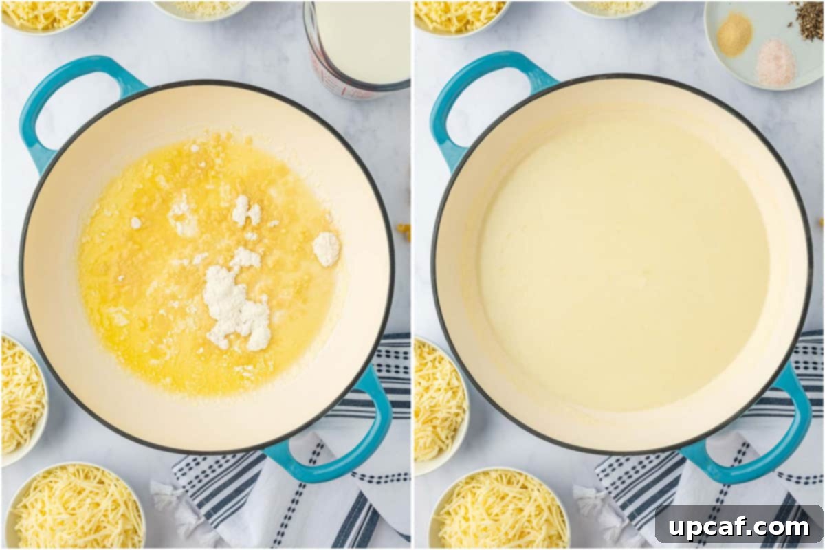 Preparing the roux for the pasta cheese sauce.