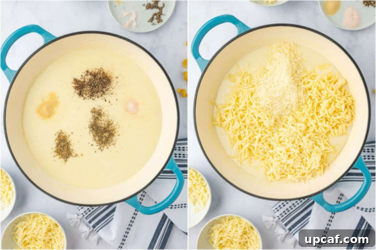 Adding cheese and seasoning to the pasta sauce.