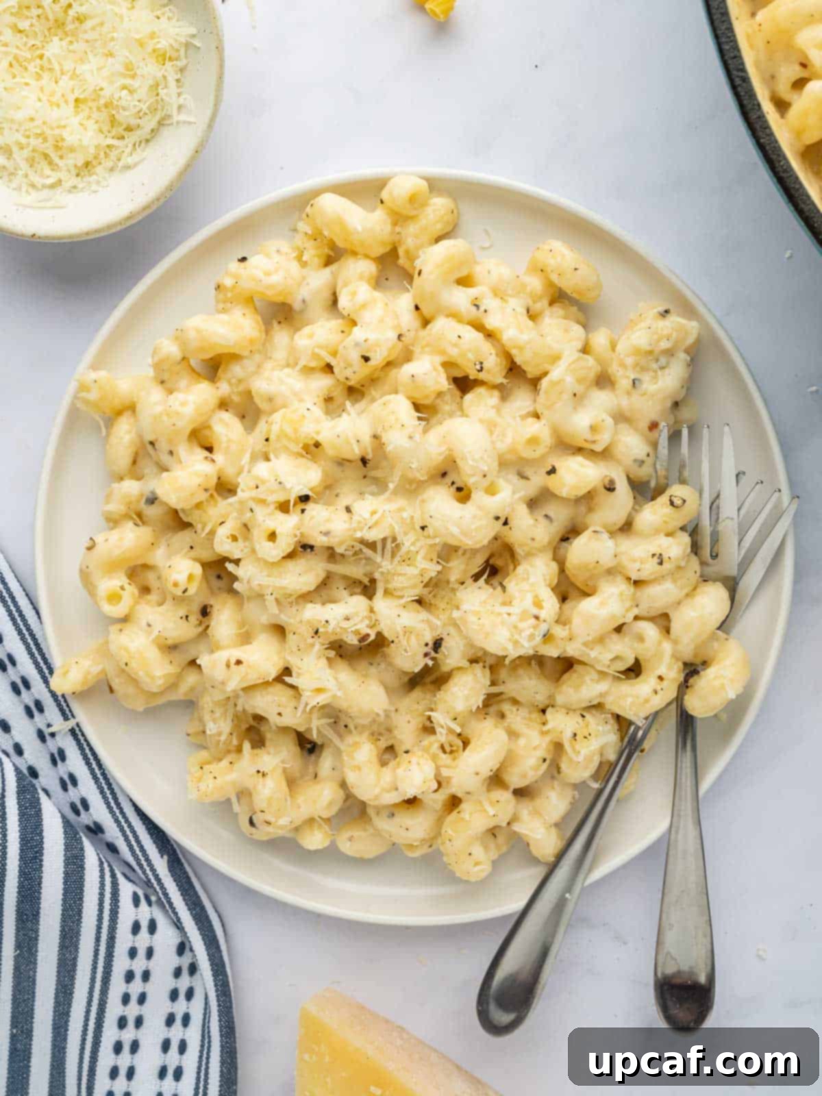 A serving of cheesy pasta on a plate.