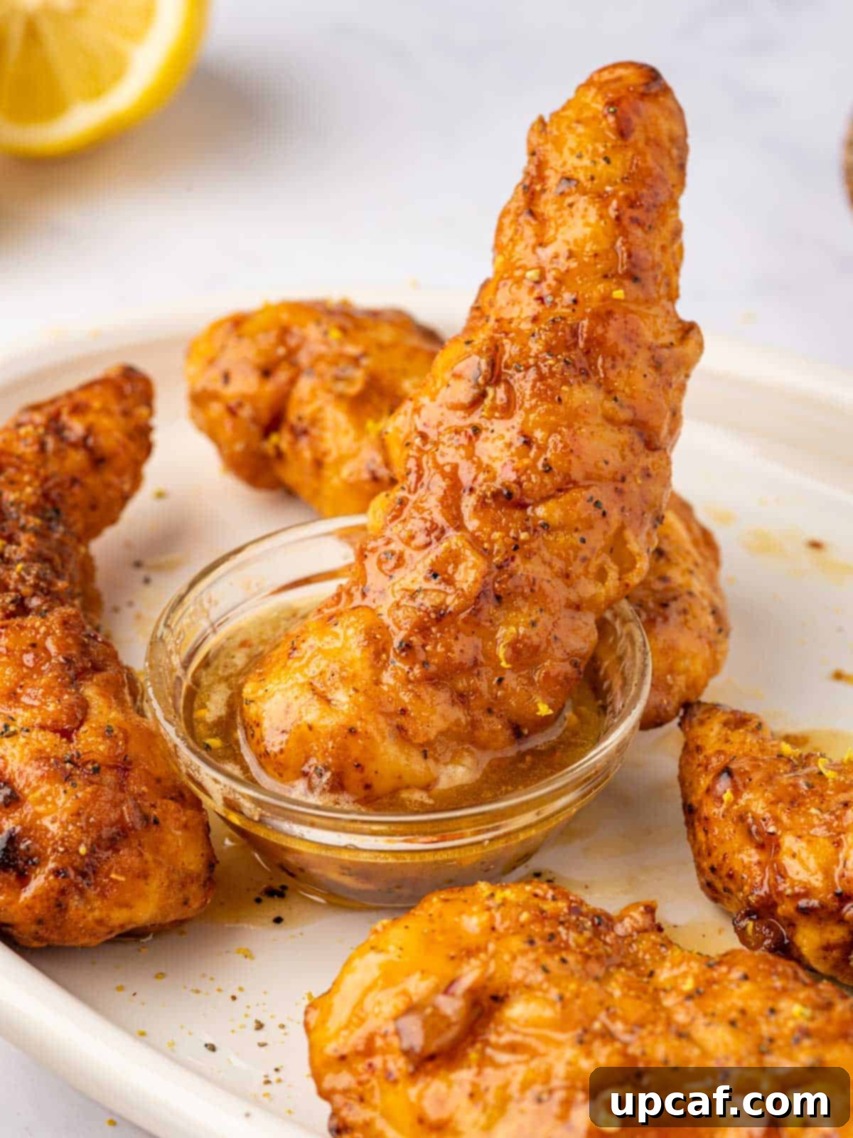 Dip lemon pepper chicken in a honey sauce.