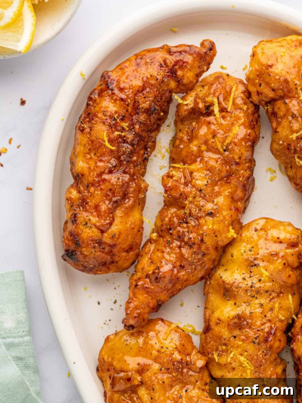 Crispy baked lemon pepper chicken strips with glaze.