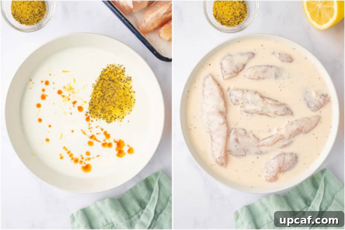 Marinating the lemon pepper chicken strip in buttermilk.