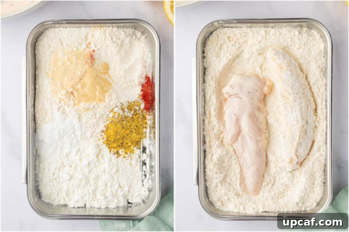 Breading station for chicken strips.