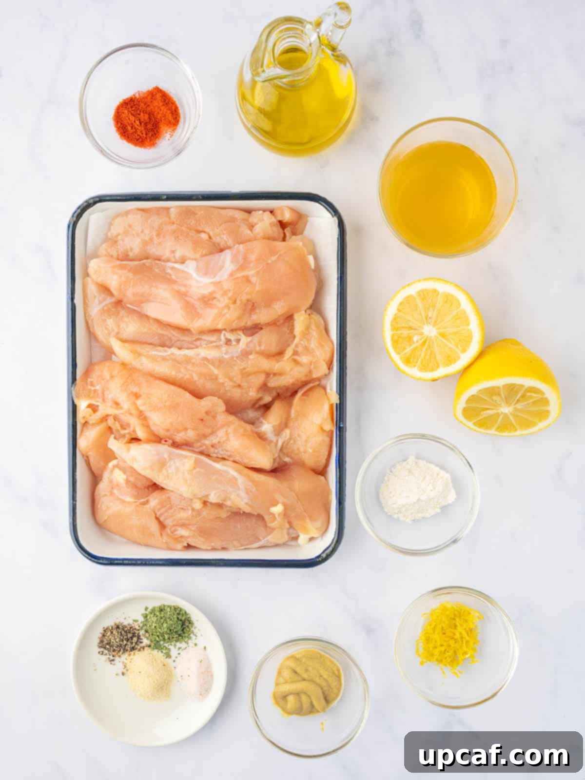 Ingredients needed for lemon pepper chicken tenders.