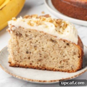 Side view of a perfectly baked banana walnut cake slice with a generous layer of cream cheese frosting.
