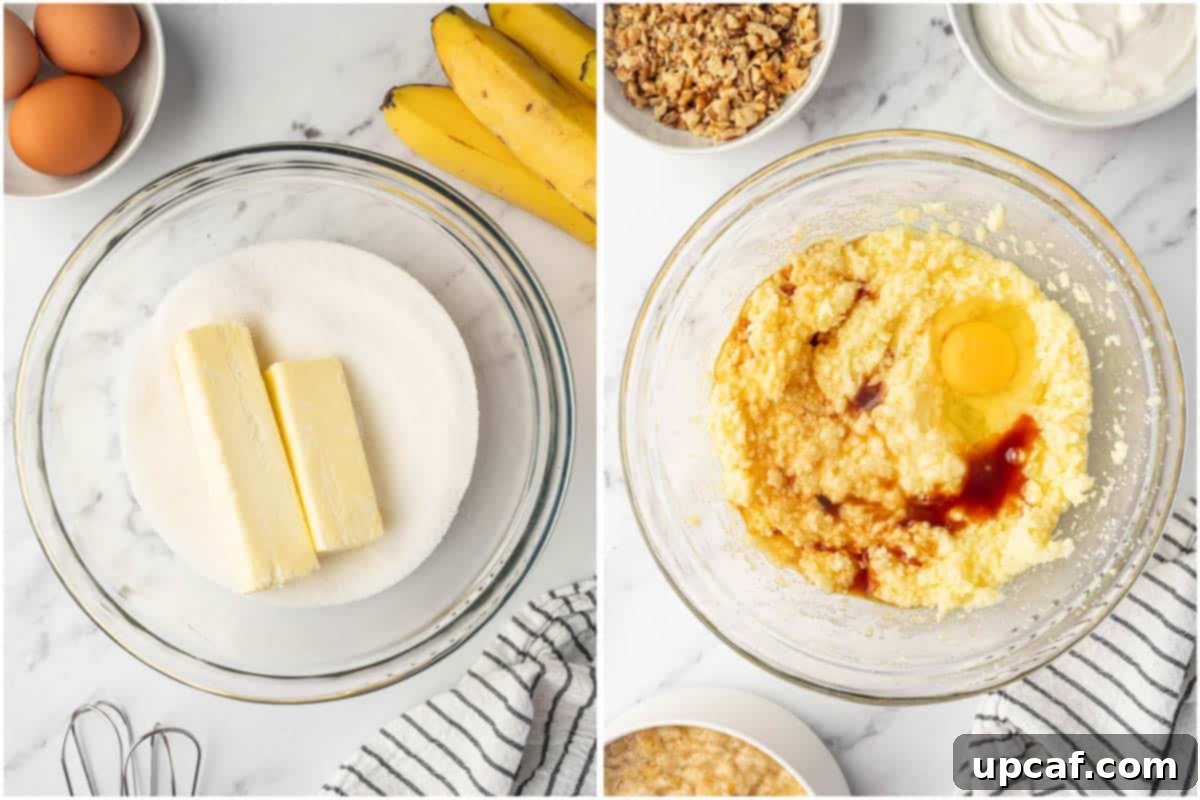 A mixer working on creaming butter and sugar in a large bowl, with eggs and vanilla extract nearby.