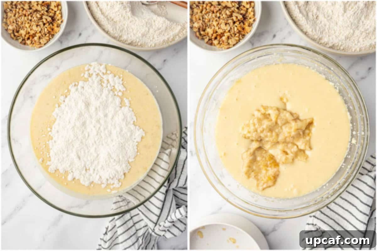 Illustrative image showing the process of combining wet and dry cake batter for a banana cake.