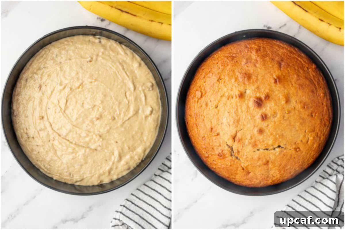 A comparative image showing the banana walnut cake batter before baking and the beautifully golden-brown cake after baking.
