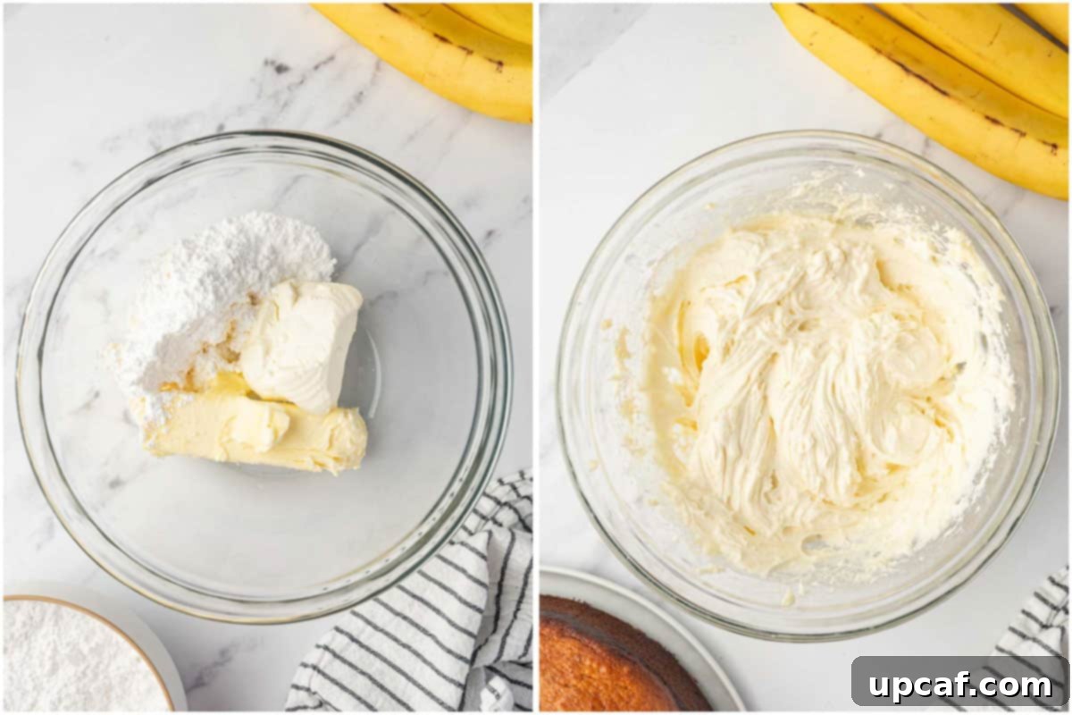 Close-up of a mixer blending ingredients for cream cheese frosting in a bowl.