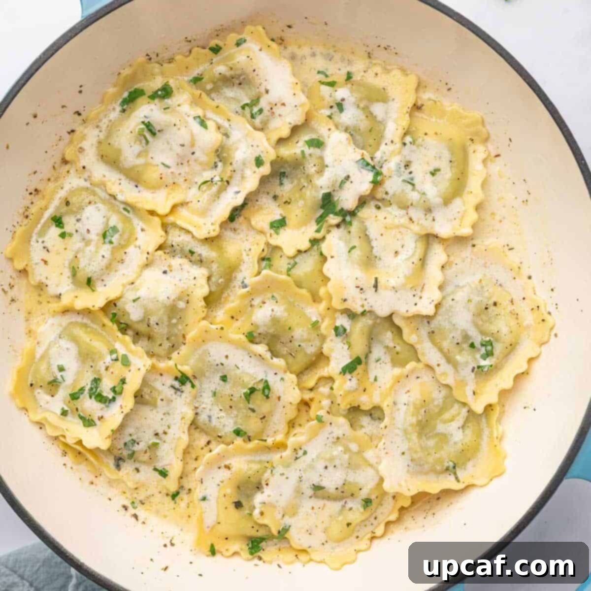 A dutch oven filled with freshly cooked spinach and cheese ravioli in cream sauce, ready to be served.