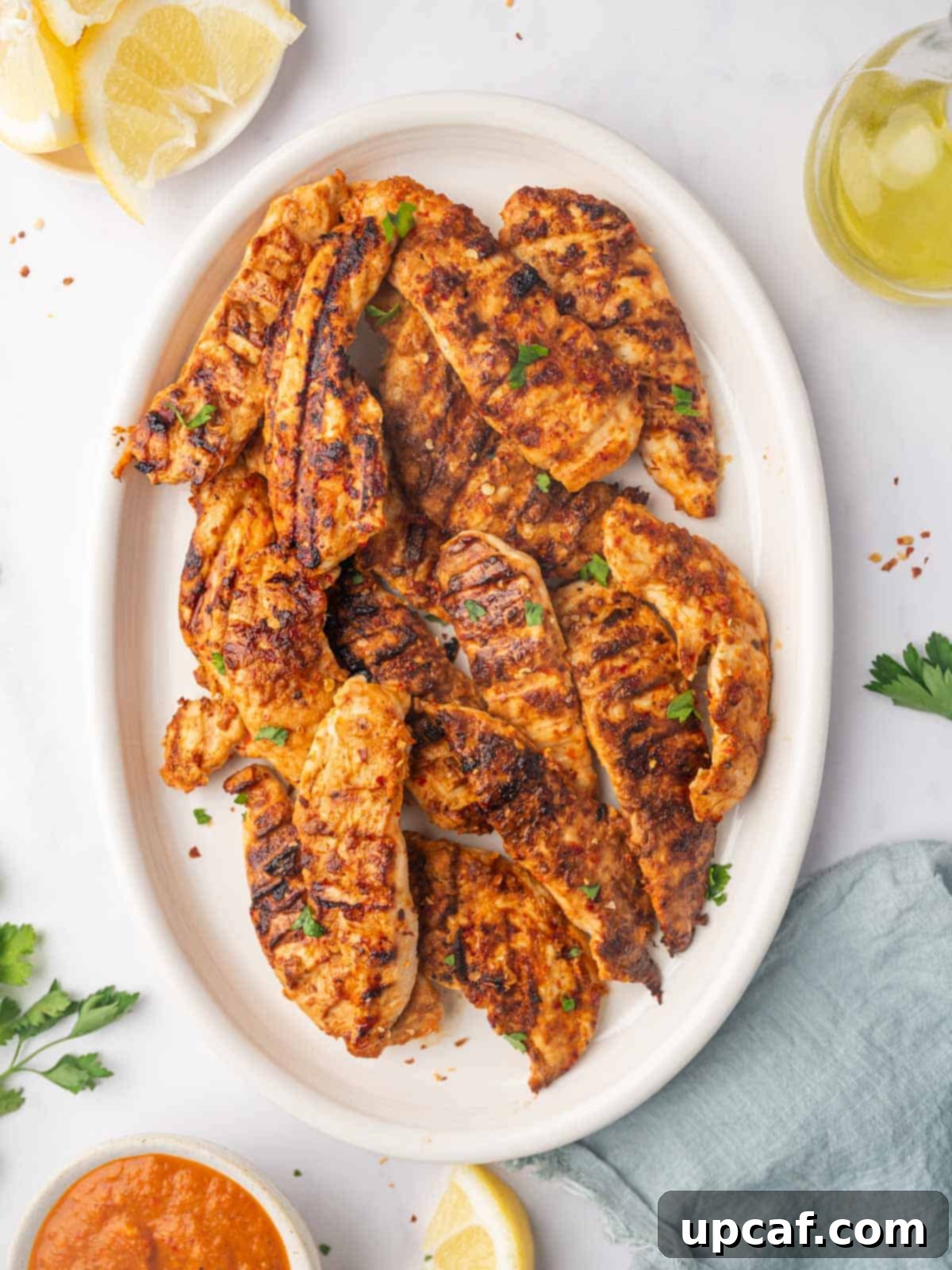 Fiery Peri Peri Chicken 2 A platter of grilled peri peri chicken tenders, garnished with fresh herbs and lemon wedges.