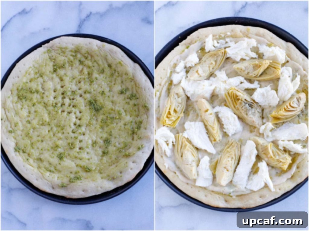 Mediterranean Harvest Pizza 3 Putting artichokes on a pizza base topped with sauces