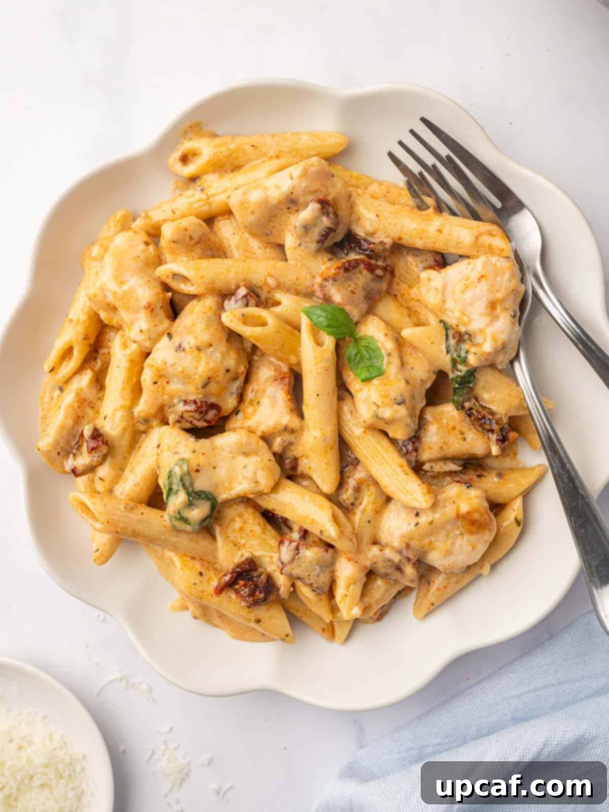 A perfectly plated serving of penne pasta with creamy Marry Me Chicken.