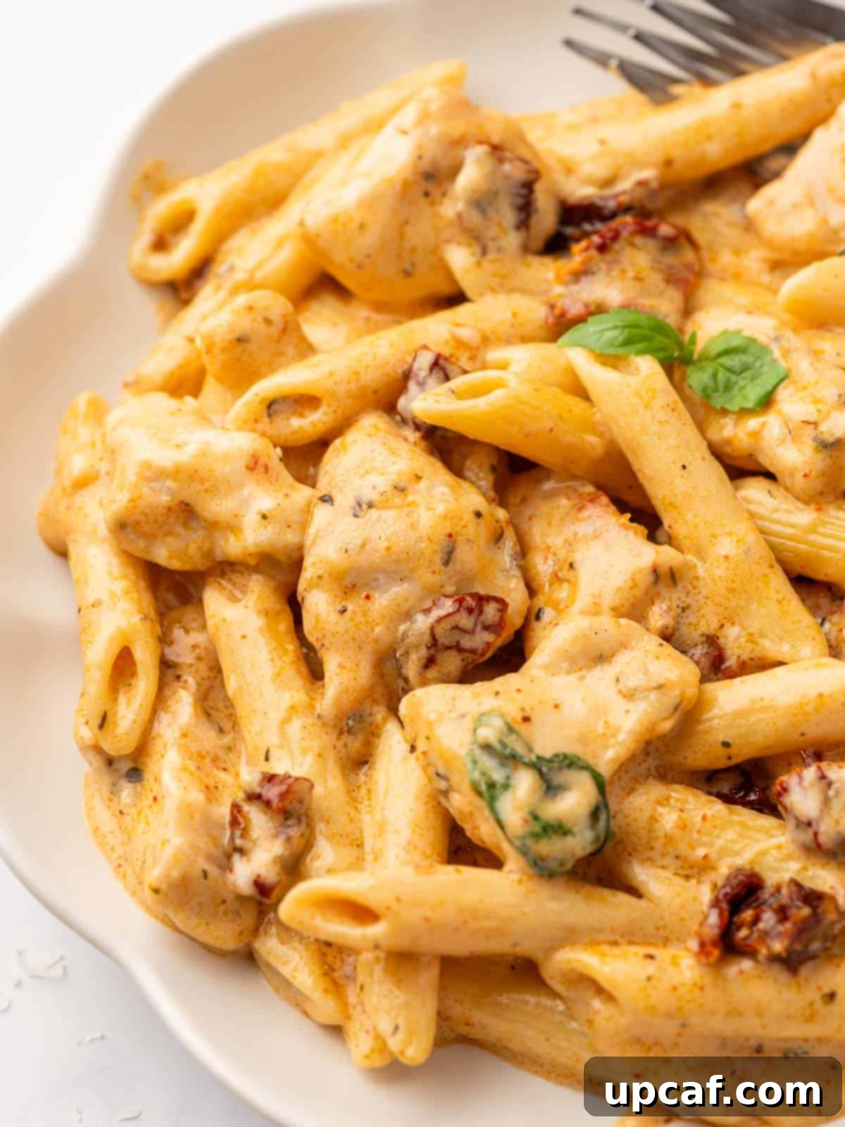 A close-up view of the creamy Marry Me Chicken Pasta, highlighting the chicken, sun-dried tomatoes, and basil garnish.