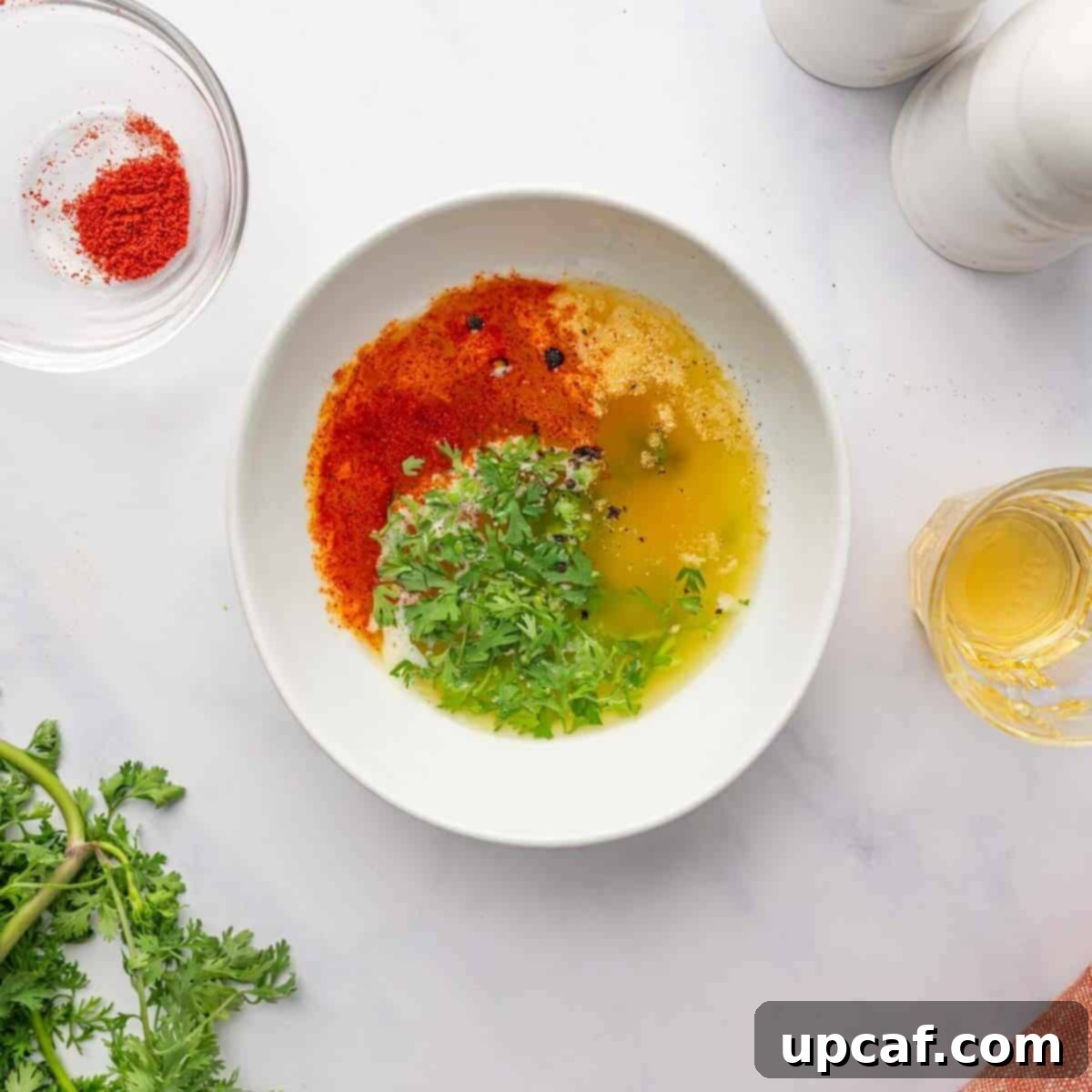 Lemon butter sauce mixture in a small bowl, with fresh cilantro and lemon slices nearby.