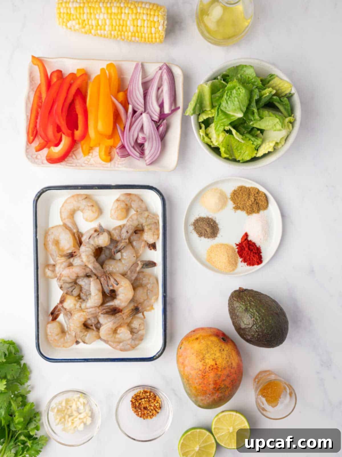 Ingredients needed for mango shrimp salad, neatly arranged on a counter before preparation.