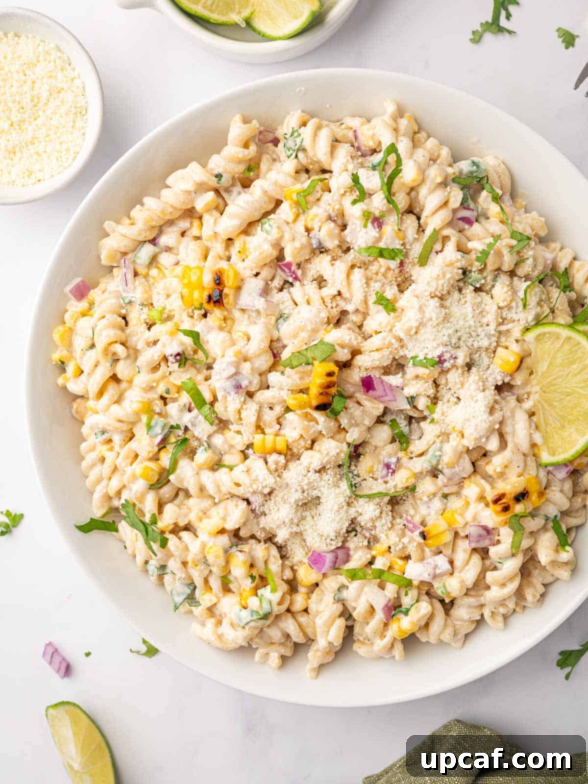 A bowl of street corn pasta salad.