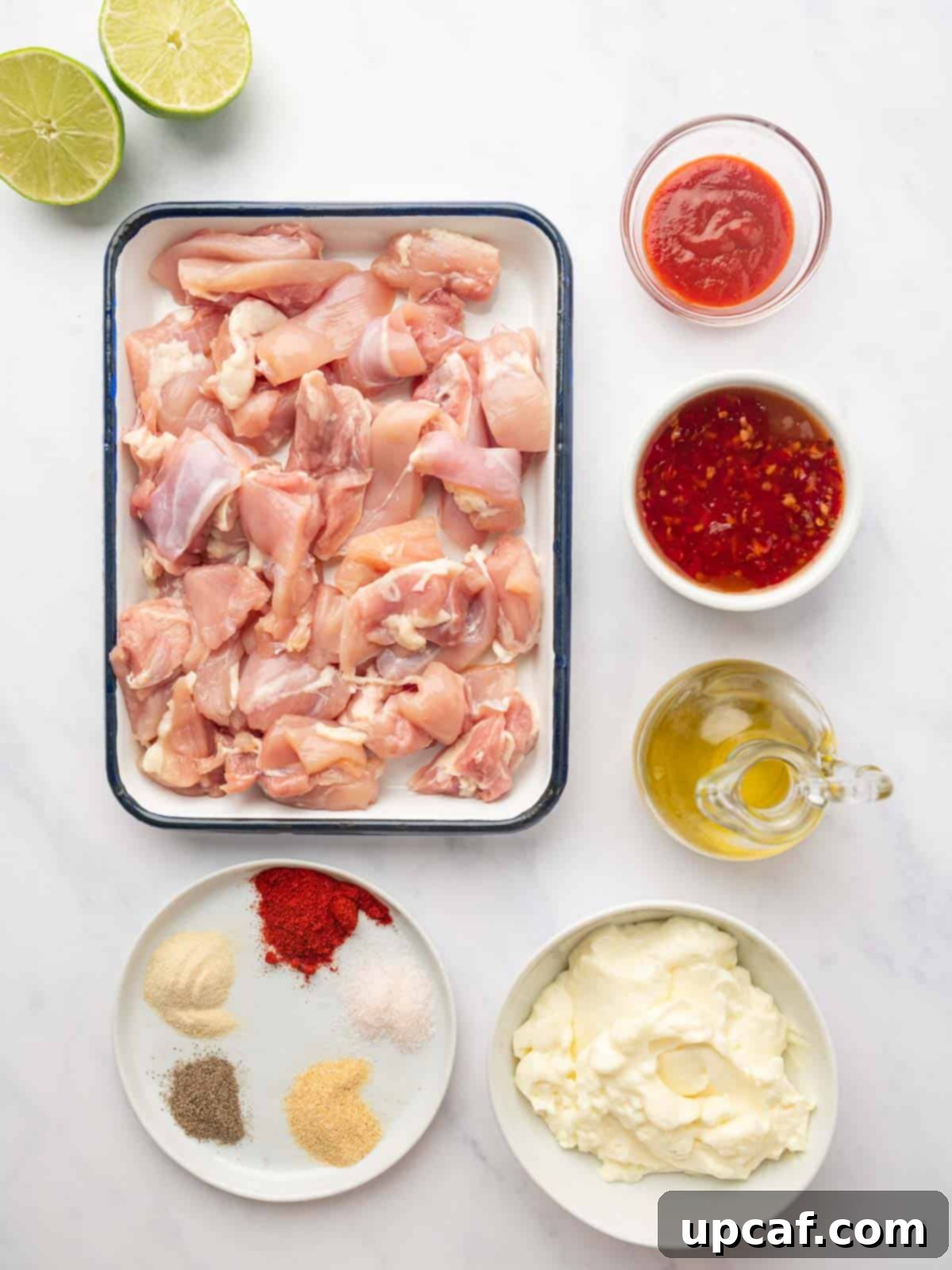 Dynamite Chicken Skewers 3 All the fresh and pantry ingredients laid out for making delicious Bang Bang chicken skewers.
