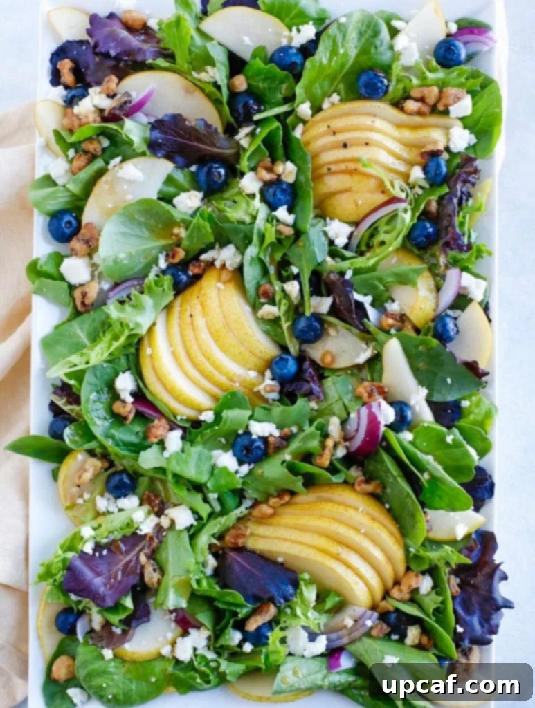 overhead shot of fall salad on a square white plate. A beautiful top-down view of the Autumn Pear Salad, showcasing its artful arrangement.