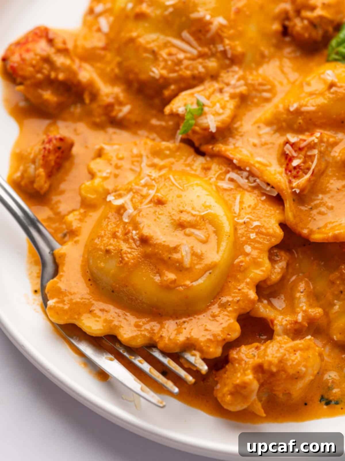 Decadent Lobster Ravioli Sauce 11 A fork rests on the side of a bowl of lobster ravioli in a tomato cream sauce.