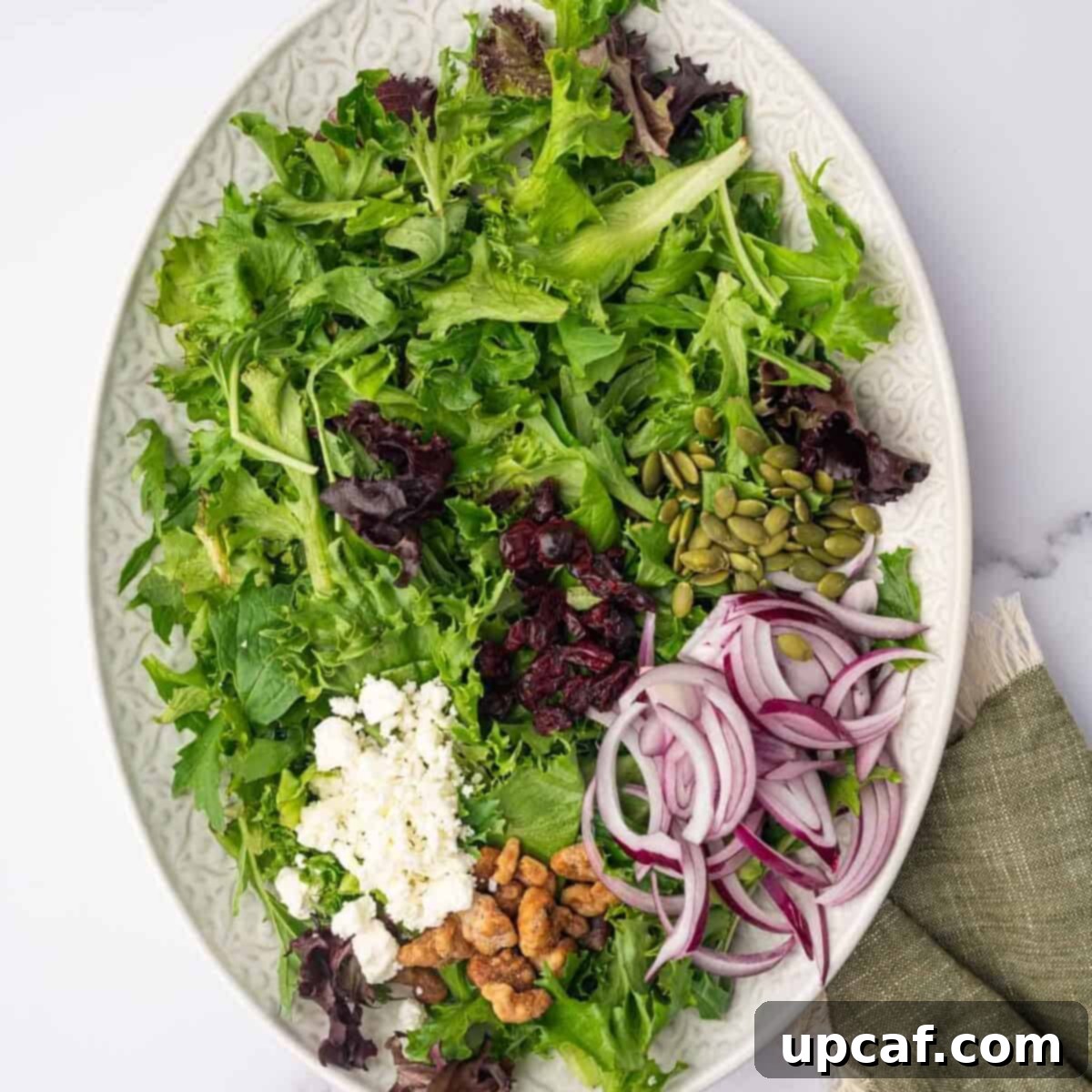 Roasted Butternut Feta Salad 6 A large serving platter beautifully arranged with fresh mixed greens, thinly sliced red onion, dried cranberries, candied walnuts, crumbled feta, and pumpkin seeds, forming the base of the salad.