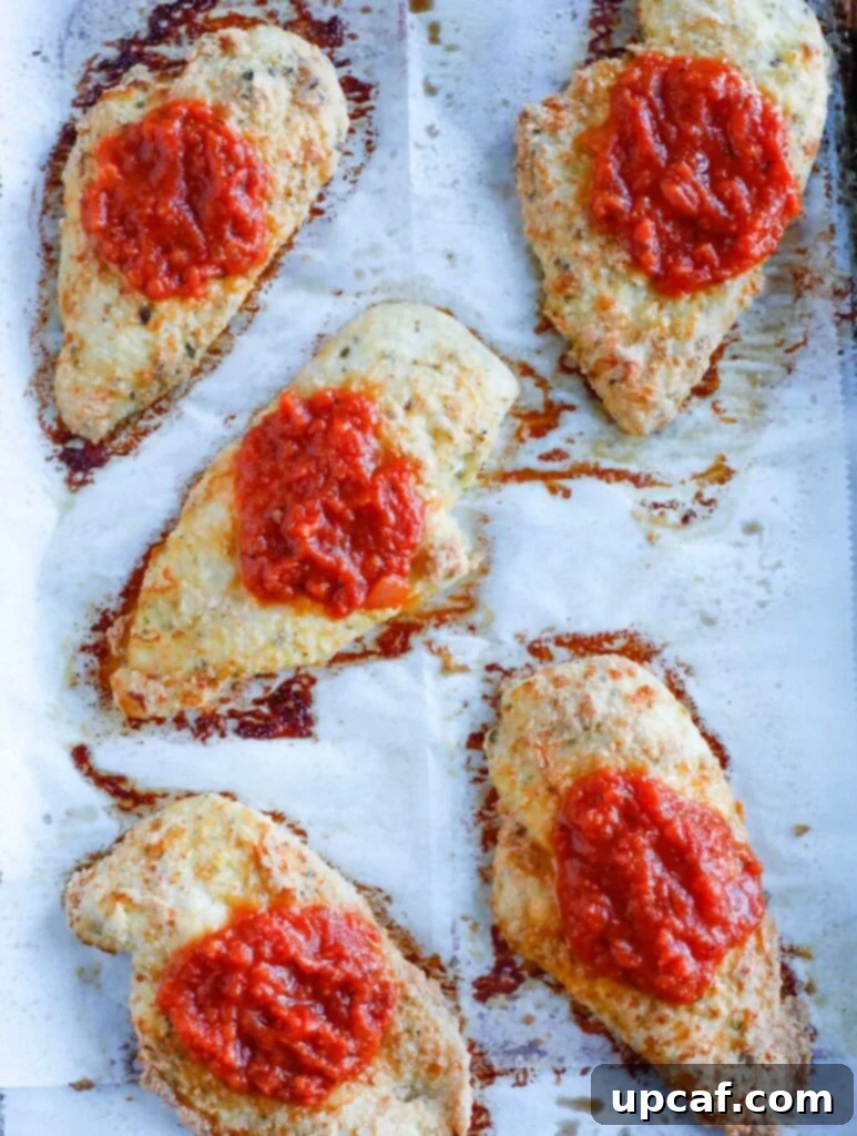 Baked Chicken Parmesan with Melted Cheese Top-down view of several baked chicken parmesan pieces arranged on a baking sheet, topped with melted cheese and marinara, fresh out of the oven.