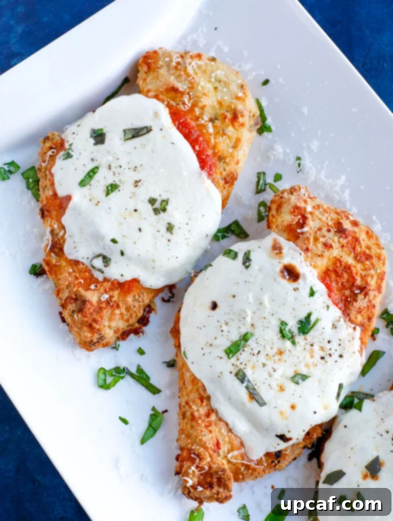 Garnished Baked Chicken Parmesan Close-up overhead shot of a single serving of baked chicken parmesan, garnished with fresh basil leaves, resting on a white plate.