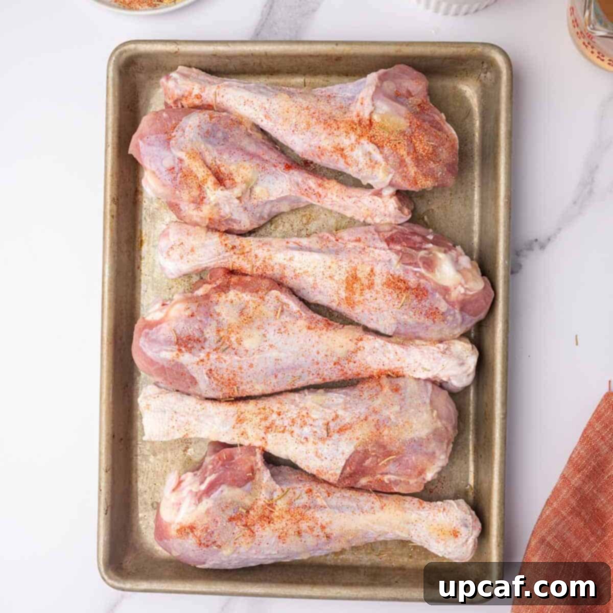 Raw turkey legs are seasoned with a buttery spice mixture.