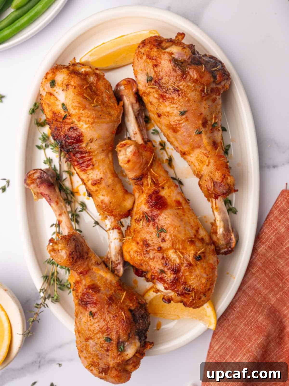 Four large turkey drumsticks arranged on a platter.