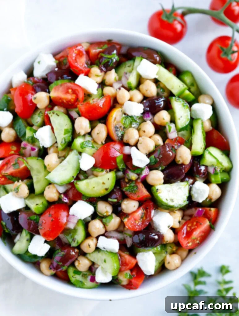 Vibrant Greek Chickpea Salad with fresh vegetables and feta