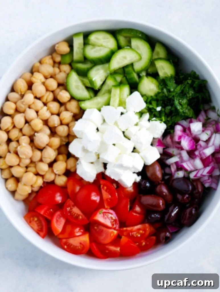 Ingredients for Greek Chickpea Salad arranged artfully