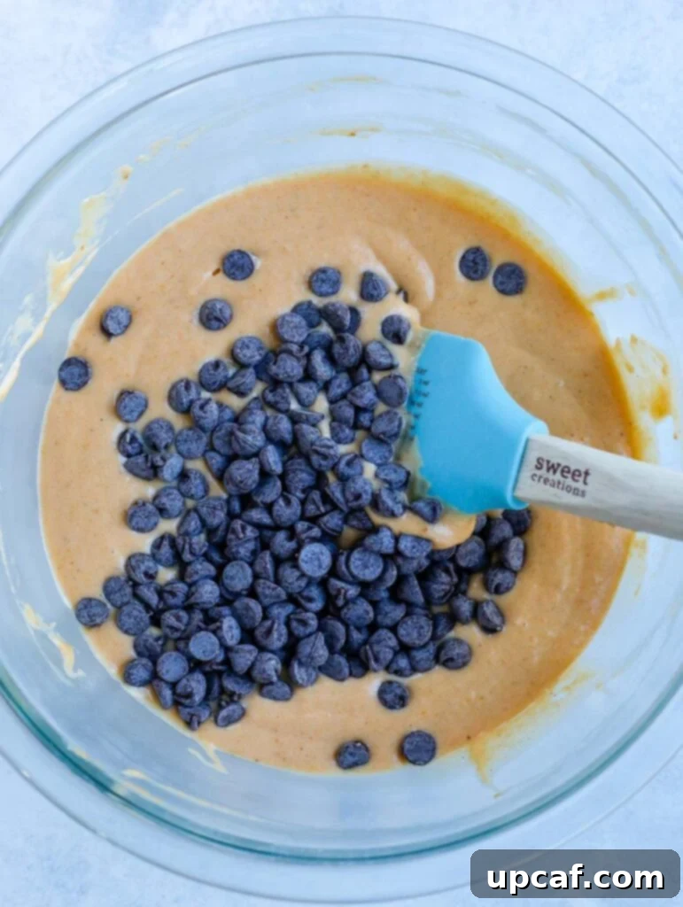 Harvest Spice Chocolate Chip Stacks 3 Pumpkin spice Chocolate Chip Pancakes batter with chocolate chips folded in