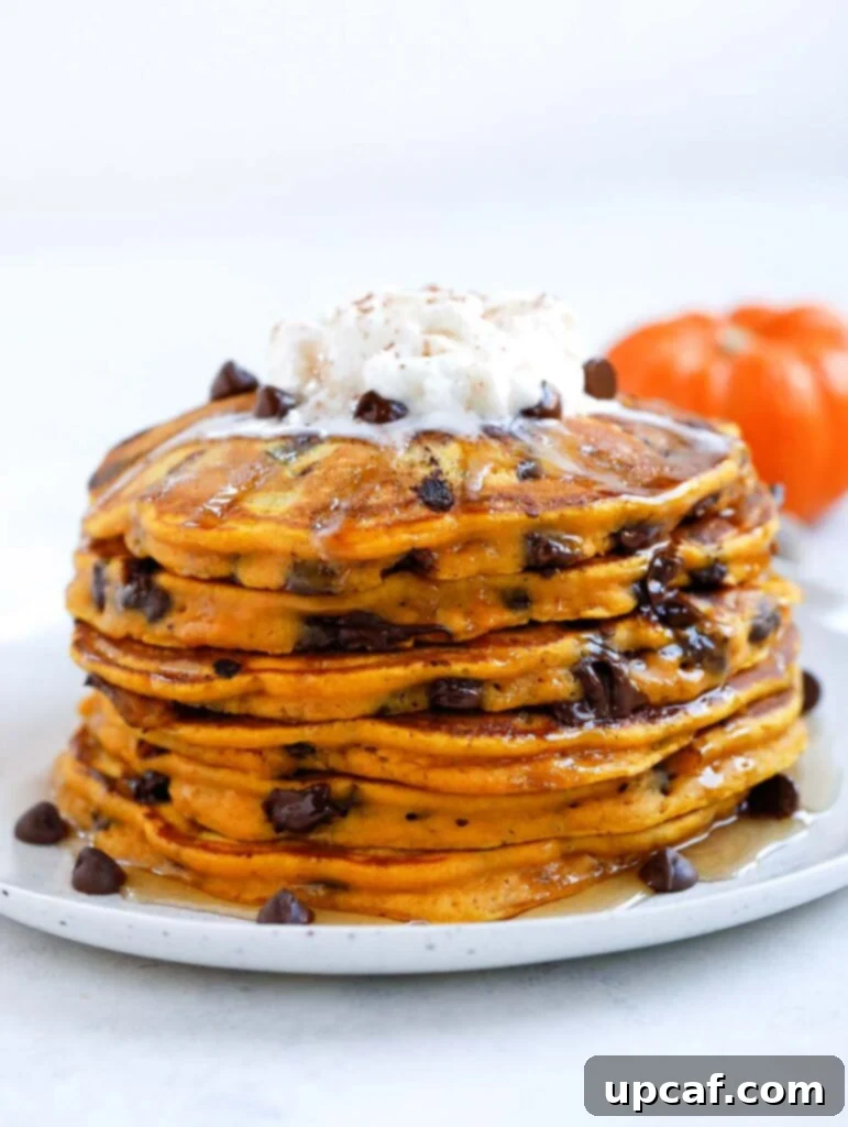 Perfectly Stacked Pumpkin Chocolate Chip Pancakes pile of Pumpkin Spice Pancakes on a plate