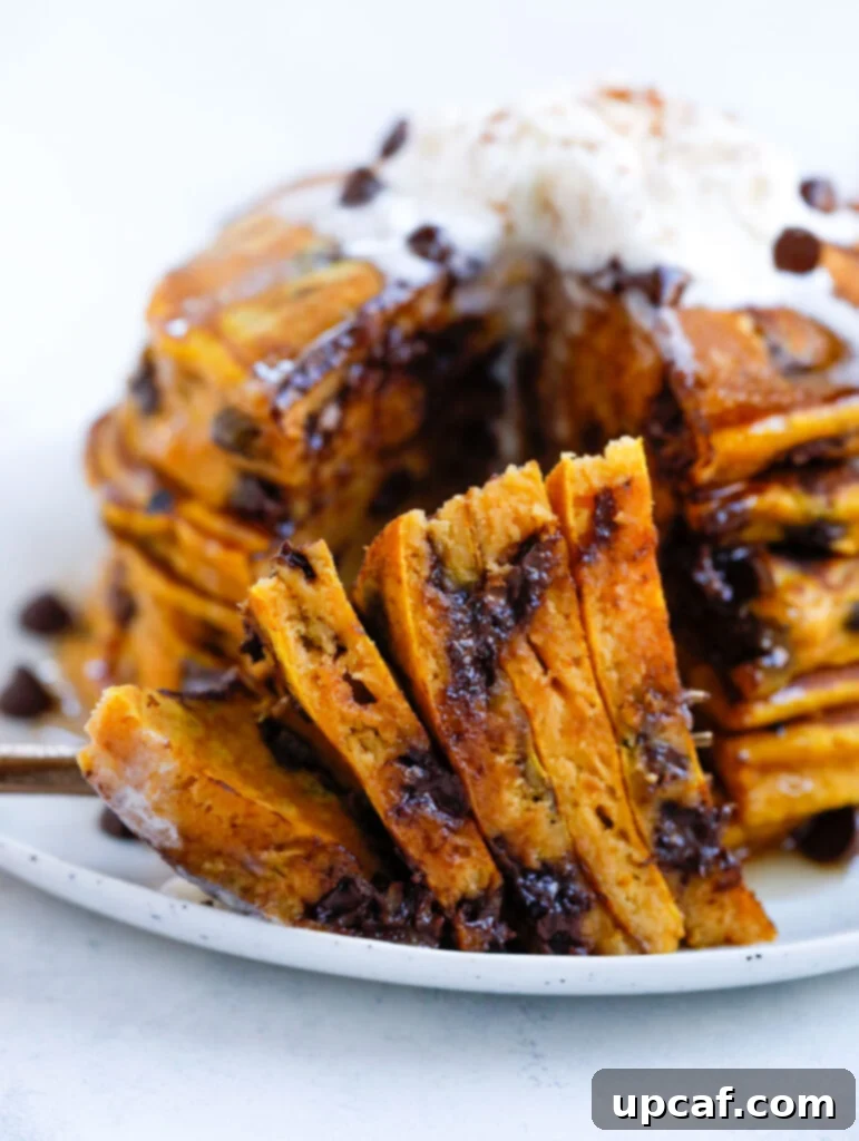 Close-up of Fluffy Pumpkin Chocolate Chip Pancakes Cut up Pumpkin spice Chocolate Chip Pancakes on a plate