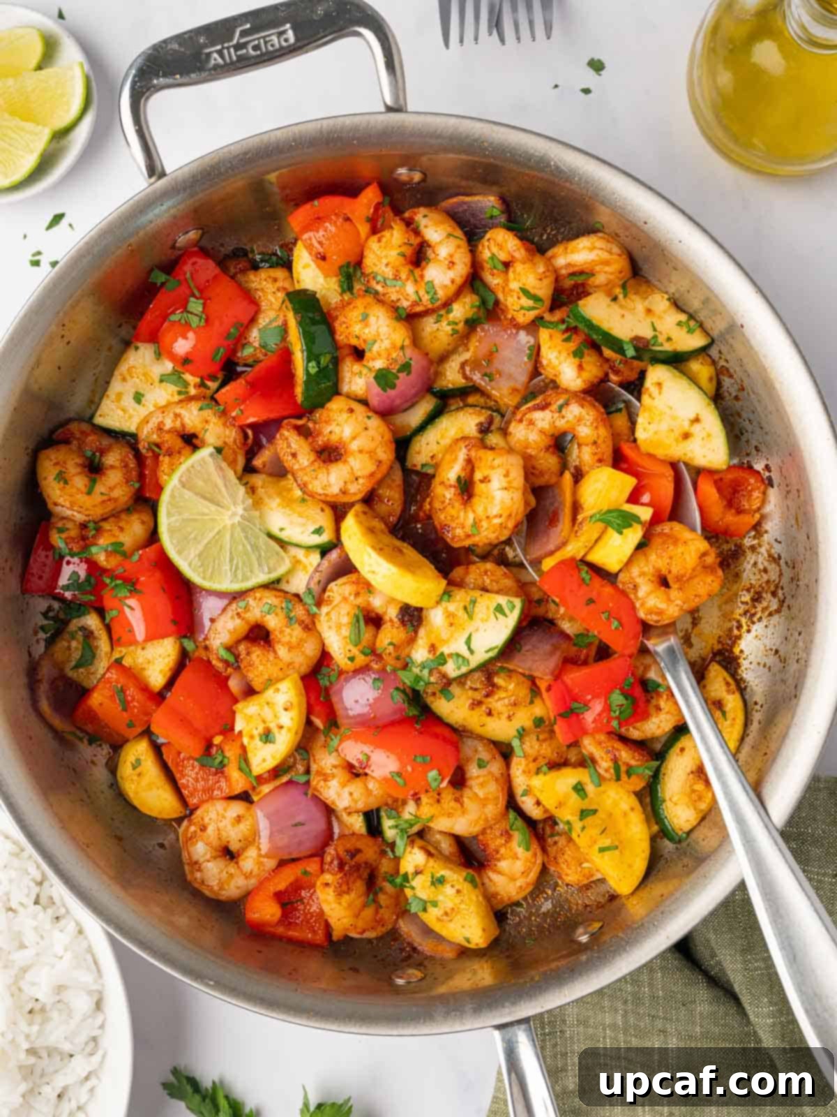 Low-carb shrimp and vegetable skillet meal after cooking.